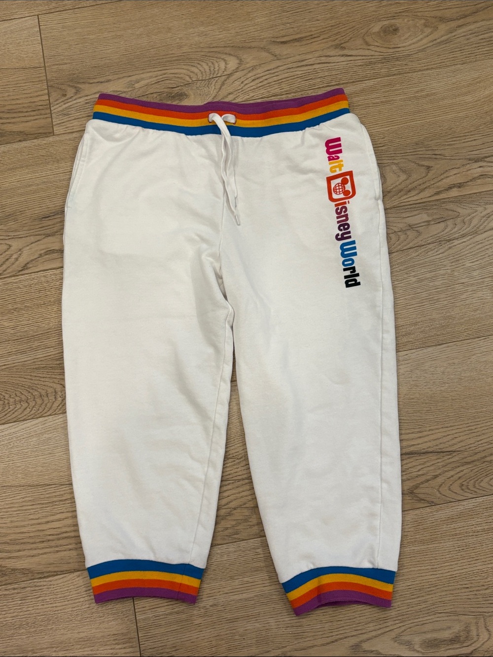 Disney World White Rainbow-Trim Joggers